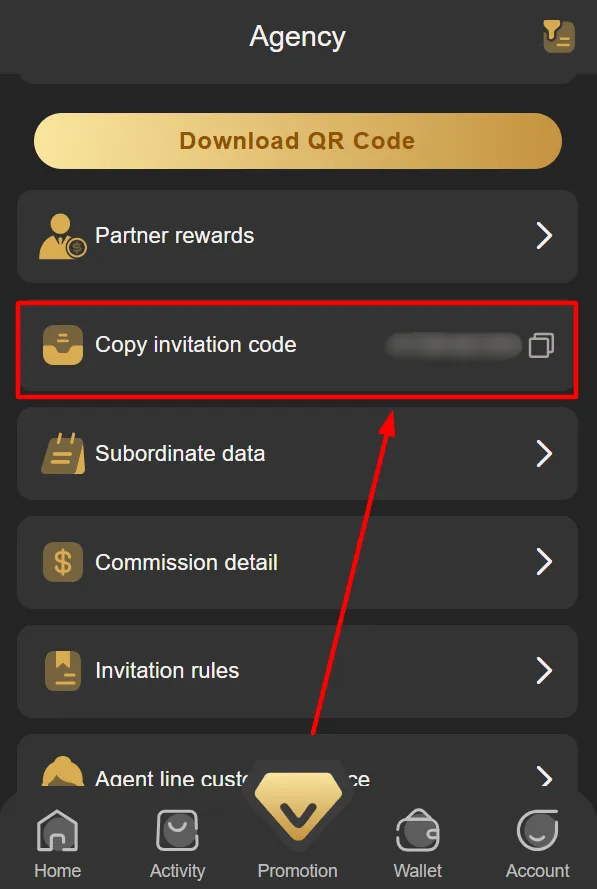 Invite Code displayed on the Promotion page